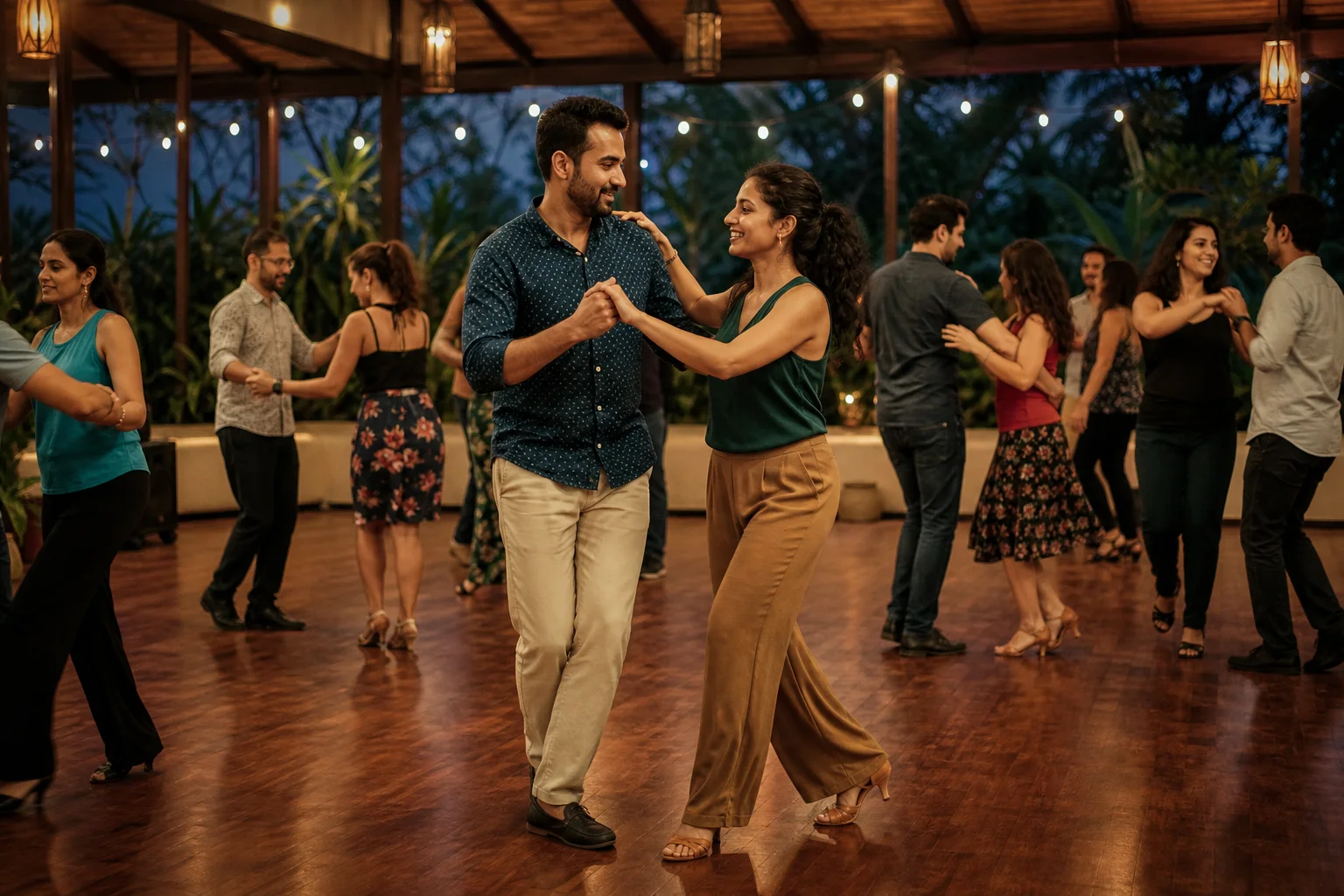 Two adults discovering natural chemistry at a social dance class