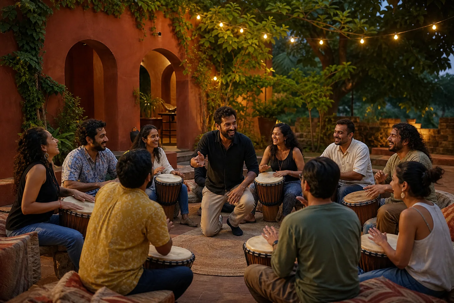 Men and women laughing together in a facilitated hand-drum circle