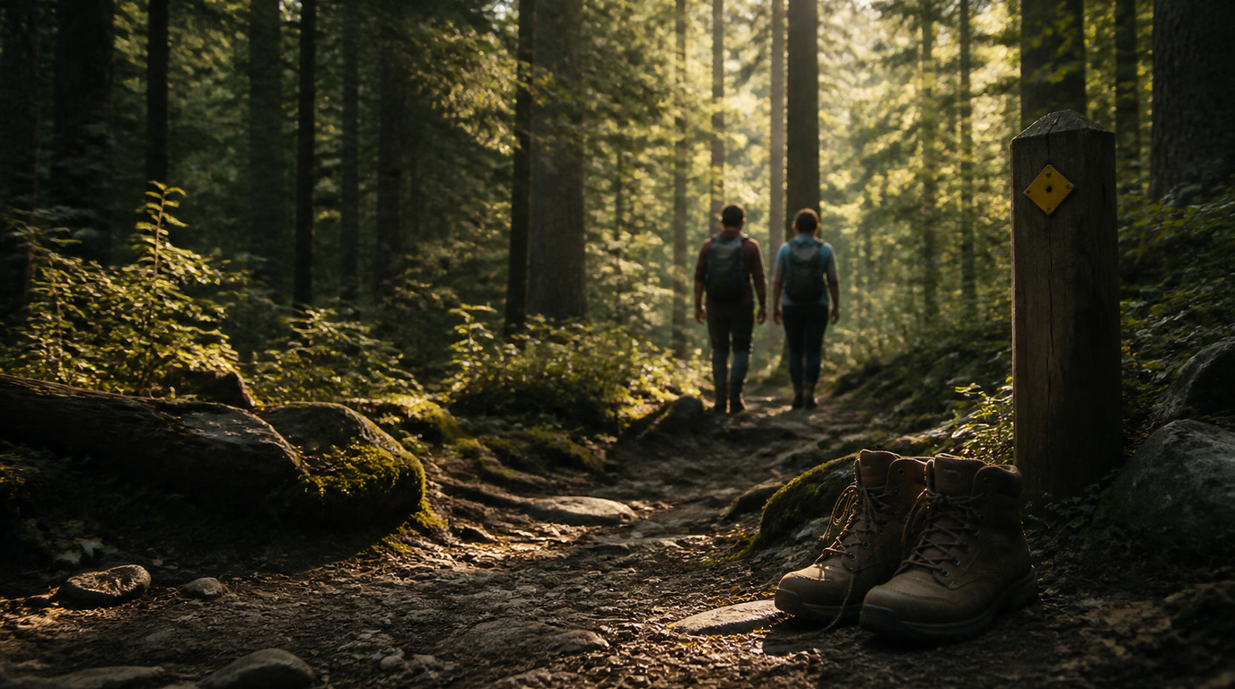A small group hiking together in the forest