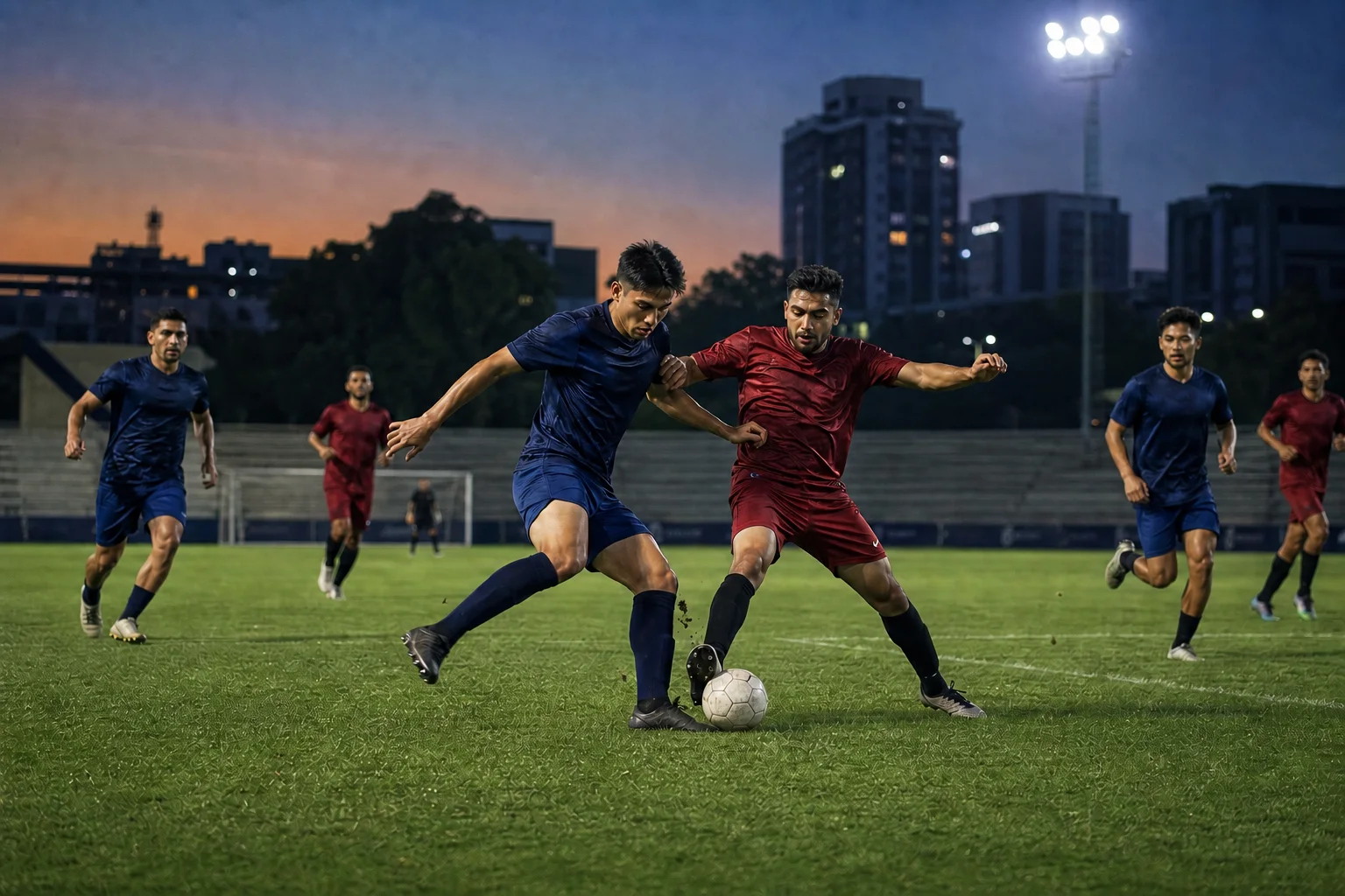Skilled football players competing seriously under evening floodlights